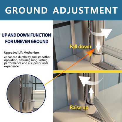 Ground adjustment feature of Exbrite Adapt Bifold Shower Door, showcasing up and down function for uneven ground with brushed nickel finish and clear tempered glass.