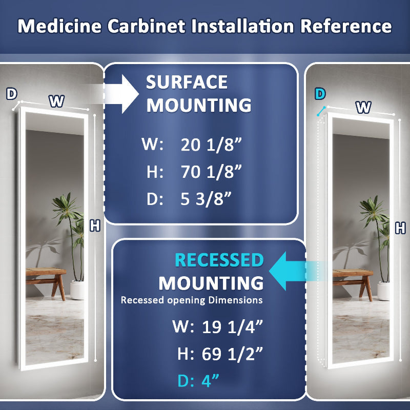 Allsum 20-1/8" x 70-1/8" Full Length Lighted Frameless Single Door Medicine Cabinet