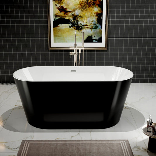 PY Exbrite 59' Acrylic Freestanding Bathtub, Stand Alone Soaking Tub, Glossy Black Acrylic, Toe-tap Chrome Drain, cUPC Certified - ExBriteUSA