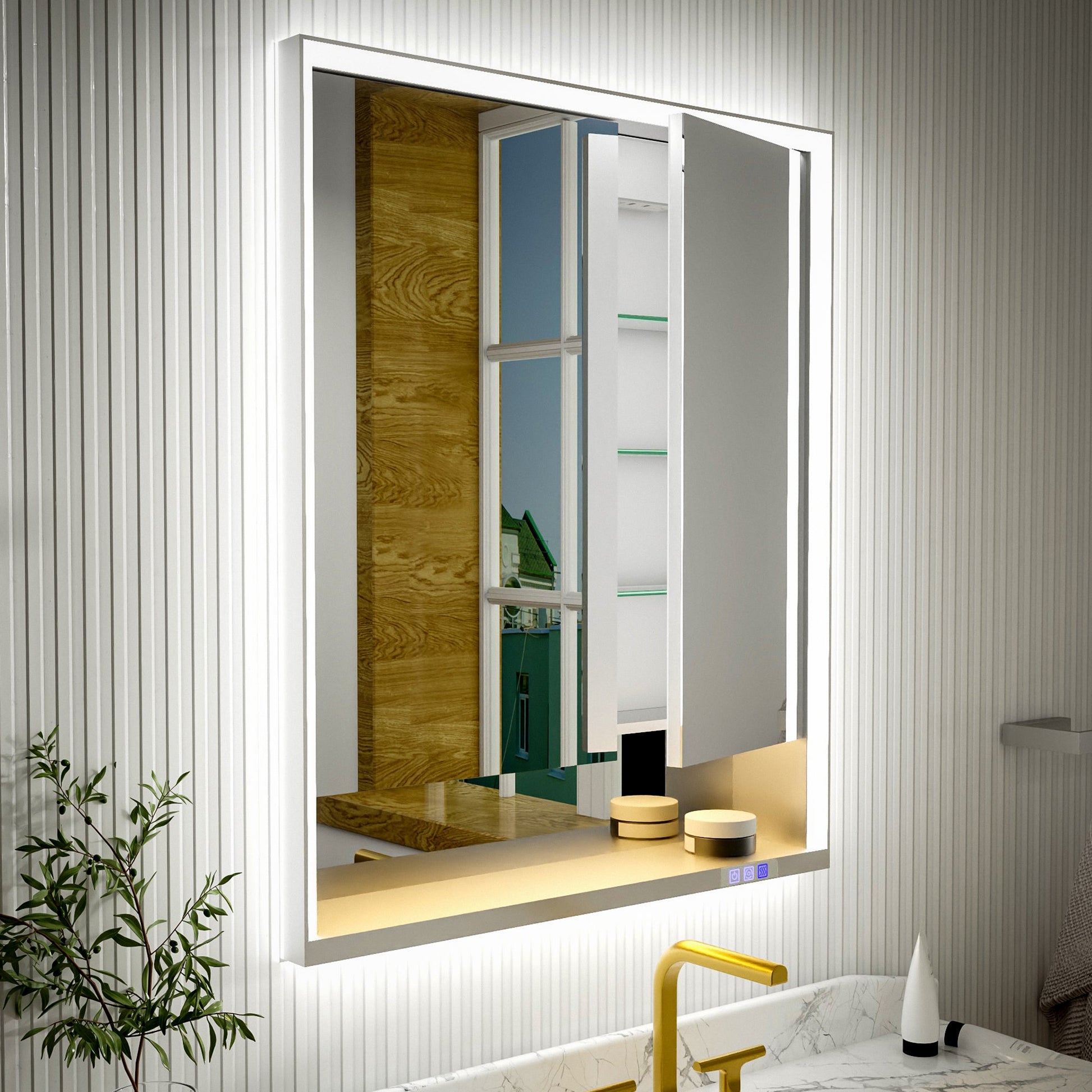 Ample 30" W x 36" H LED Lighted Chrome Medicine Cabinet with Mirror and Shelves for Bathroom Recessed or Surface Mount - ExBriteUSA