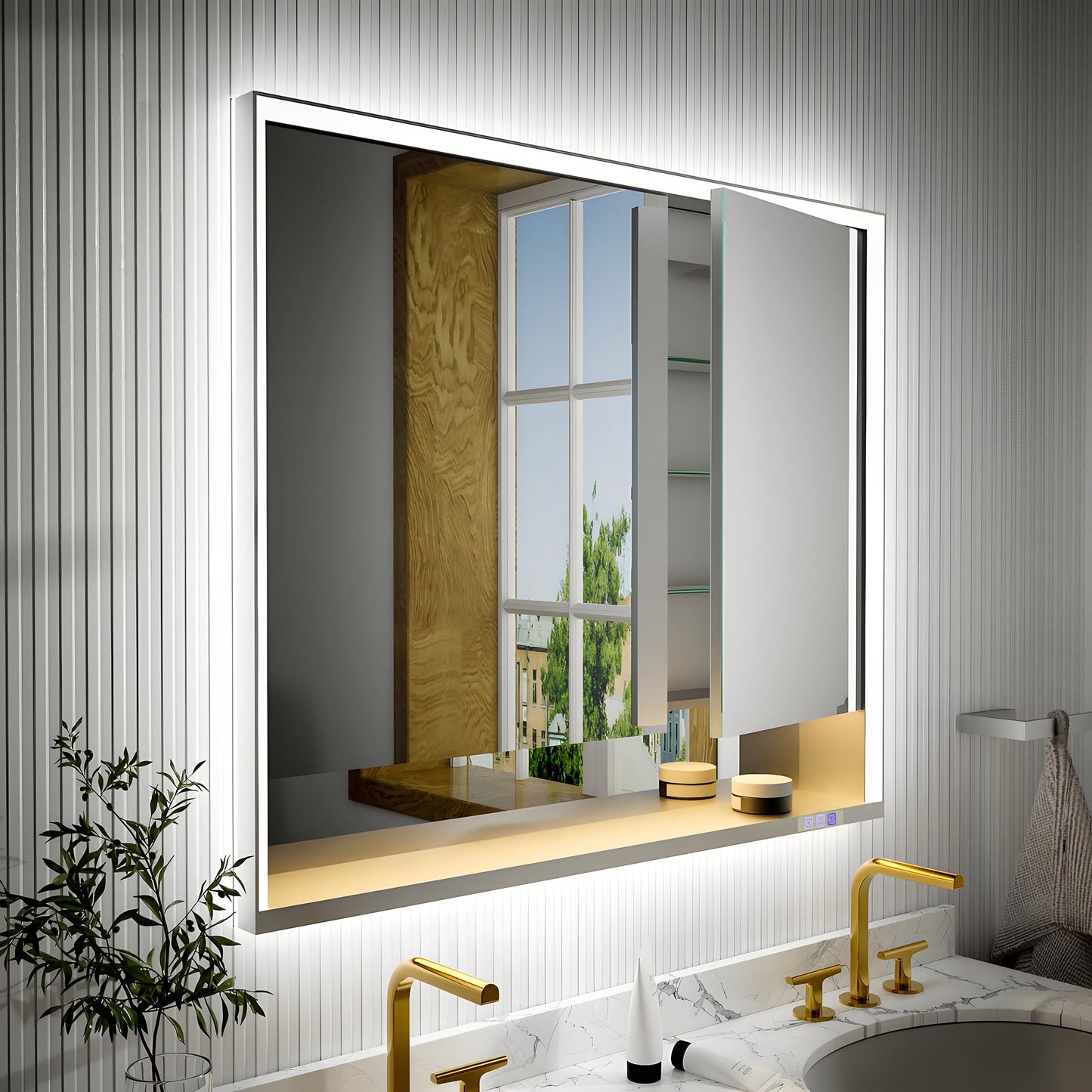 Ample 42" W x 36" H LED Lighted Chrome Medicine Cabinet with Mirror and Shelves for Bathroom Recessed or Surface Mount - ExBriteUSA