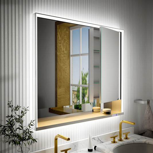 Ample 42" W x 36" H LED Lighted Chrome Medicine Cabinet with Mirror and Shelves for Bathroom Recessed or Surface Mount - ExBriteUSA