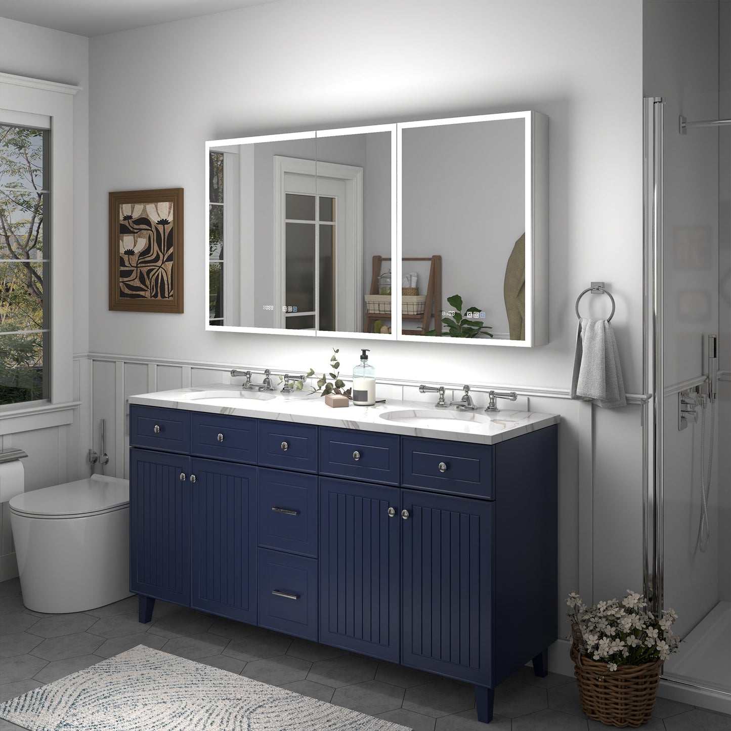 Rim 56" W x 30" H LED Lighted Medicine Cabinet Recessed or Surface with Mirrors - ExBriteUSA