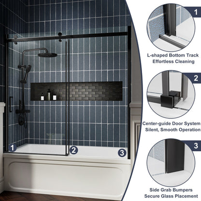 Zephyr 56-60" Semi-Frameless Single Sliding Tub Door,Matte Black,Bypass Bathtub Shower Tempered Glass Door with Explosion-Proof Film