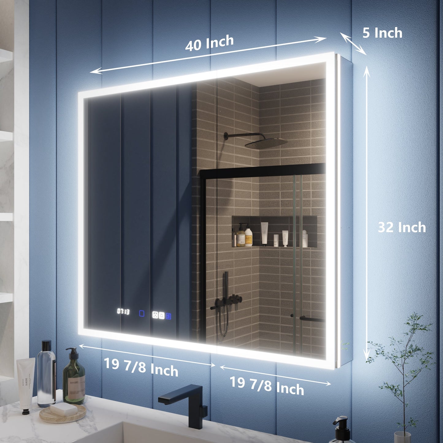 40" x 32" LED lighted bathroom medicine cabinet with mirror, featuring magnifiers, front and back lighting, elegant design.