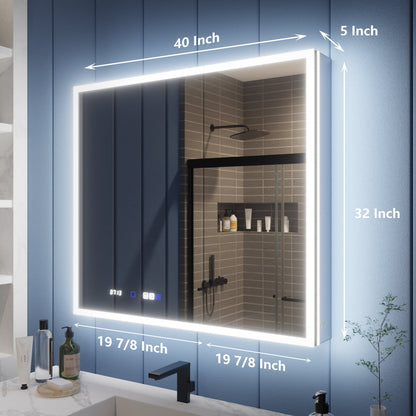 40" x 32" LED lighted bathroom medicine cabinet with mirror, featuring magnifiers, front and back lighting, elegant design.