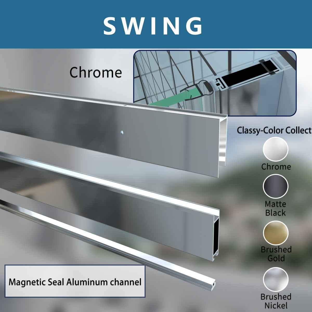 Classy 34-36" W x 72" H Hinged Pivot Semi-Frameless Shower Door Chrome Install Glass Shower Door