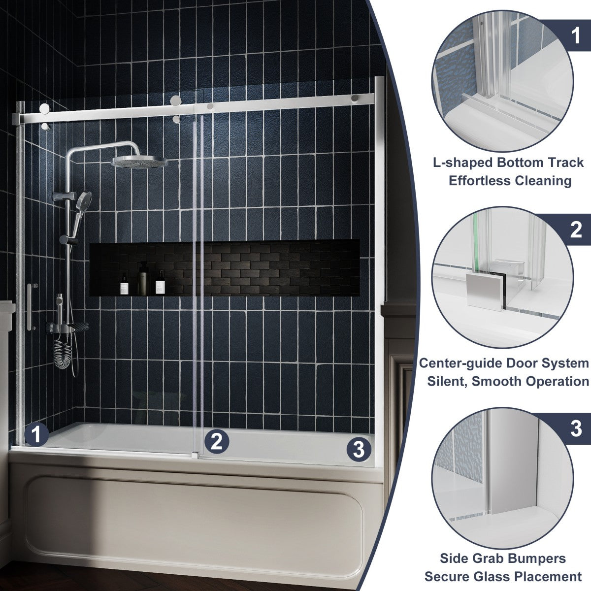 Zephyr 52-56" Semi-Frameless Single Sliding Tub Door,Chrome,Bypass Bathtub Shower Tempered Glass Door with Explosion-Proof Film