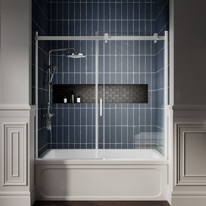 Zephyr 56-60" Semi-Frameless Single Sliding Tub Door,Chrome,Bypass Bathtub Shower Tempered Glass Door with Explosion-Proof Film
