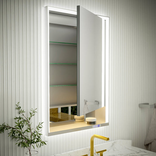 Ample 24" W x 36" H LED Lighted Chrome Medicine Cabinet with Mirror and Shelves for Bathroom Recessed or Surface Mount, Right Hinge - ExBriteUSA