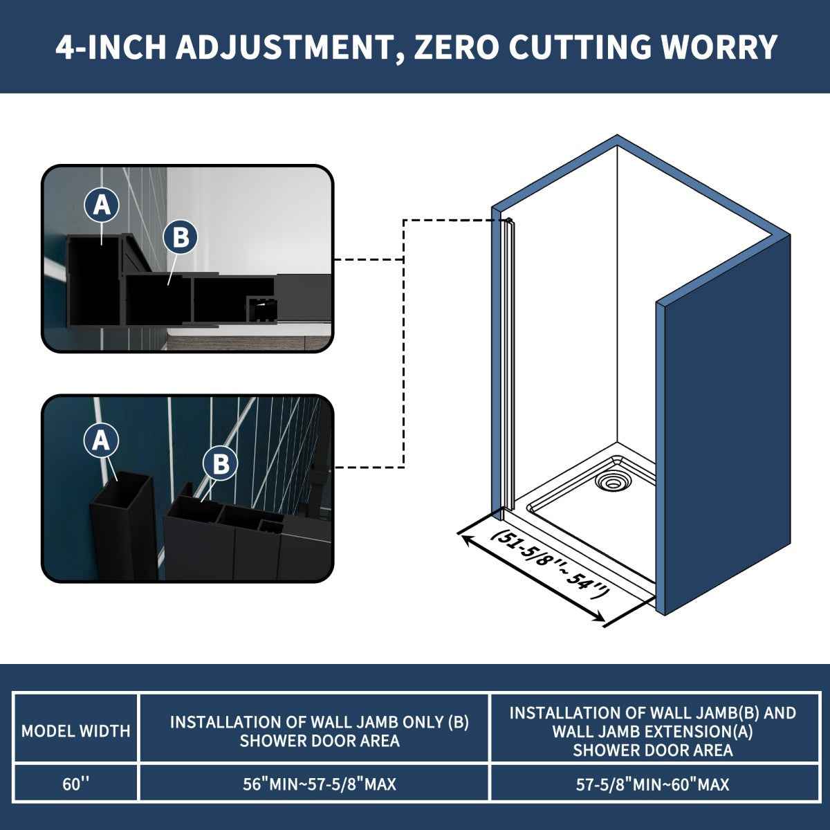 Nexus 56-60W x 70.H Easy Clean Double Framed Sliding Shower Door with 1/4" (6mm) Clear SGCC Tempered Glass,Matte Black Finish (Copy)