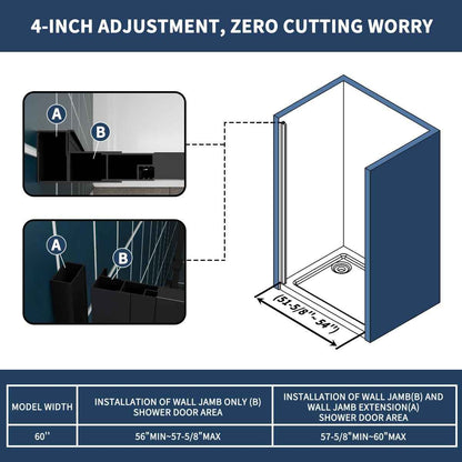 Nexus 56-60W x 70.H Easy Clean Double Framed Sliding Shower Door with 1/4" (6mm) Clear SGCC Tempered Glass,Matte Black Finish (Copy)