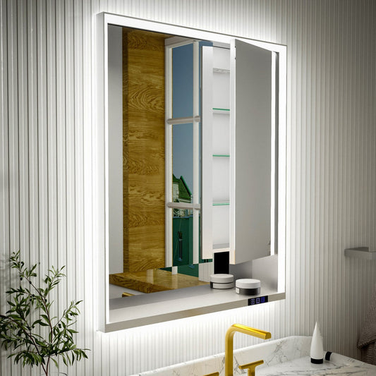 Ample 36" W x 36" H Wall Mounted Bathroom Medicine Cabinets with LED Light, Mirror, and Shelves for Recessed or Surface Mount