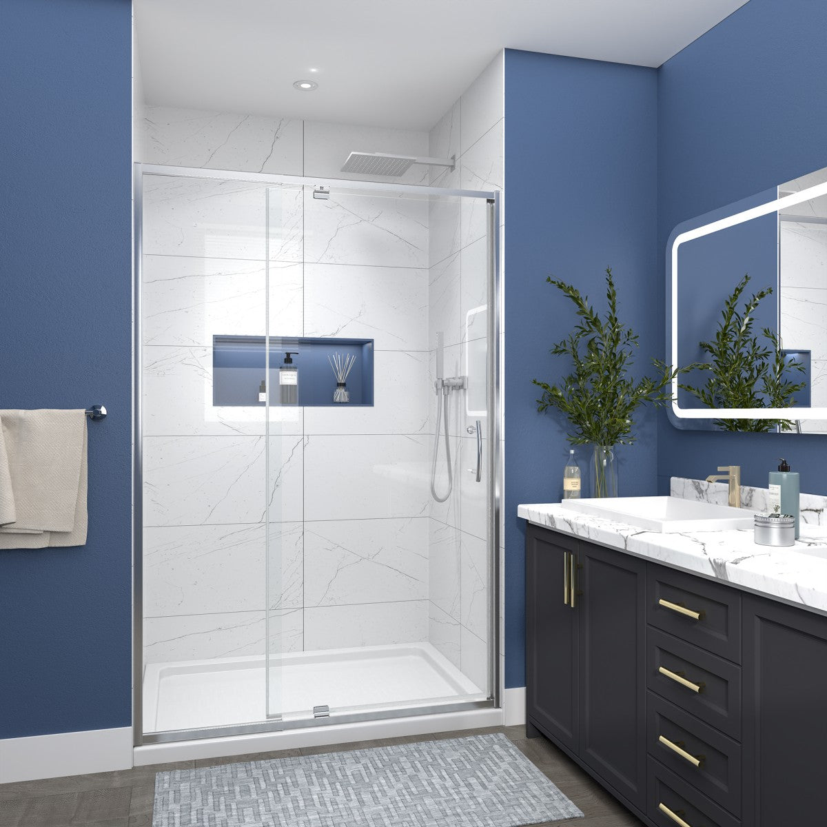 Flexi 44-48"x71" Frameless Shower Door in Brushed Nickel,Water Repellent Glass with Seal Strip Parts and Handle,6mm Glass Shower Door - ExBriteUSA