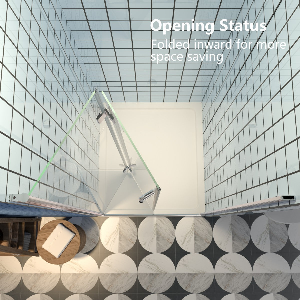 Exbrite Adapt Bifold Shower Door with brushed nickel and clear tempered glass in a modern bathroom setting.