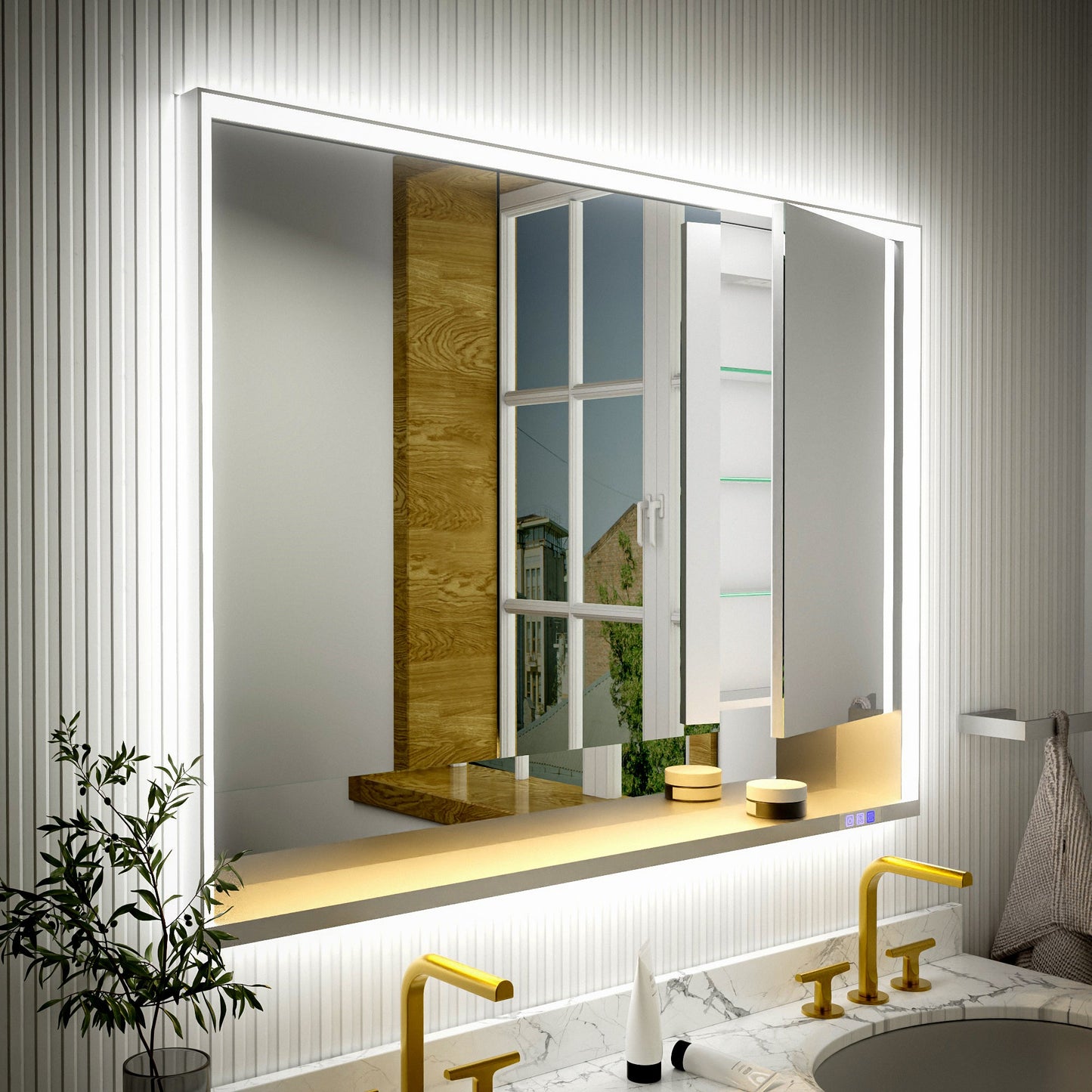 Ample 48" W x 36" H LED Lighted Chrome Medicine Cabinet with Mirror and Shelves for Bathroom Recessed or Surface Mount - ExBriteUSA