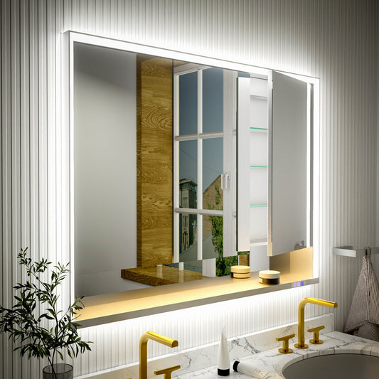 Ample 48" W x 36" H LED Lighted Chrome Medicine Cabinet with Mirror and Shelves for Bathroom Recessed or Surface Mount - ExBriteUSA