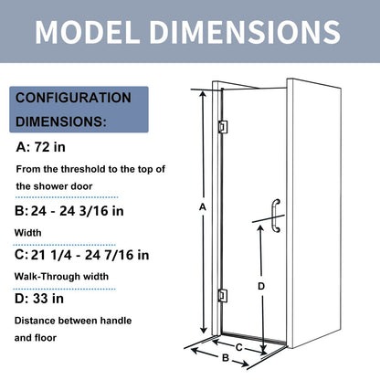 Valor 24"x72" Frameless Shower Door in Brush Gold,Water Repellent Glass with Seal Strip Parts and Handle,Glass Hinged Shower Door