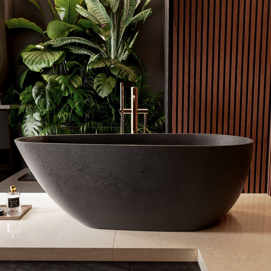 Allsumhome RockE 59" Oval Solid Surface Stone Freestanding Bathtub,Stone Touch,Pure Black,Scratch-proof,cUPC Certified,No Drain