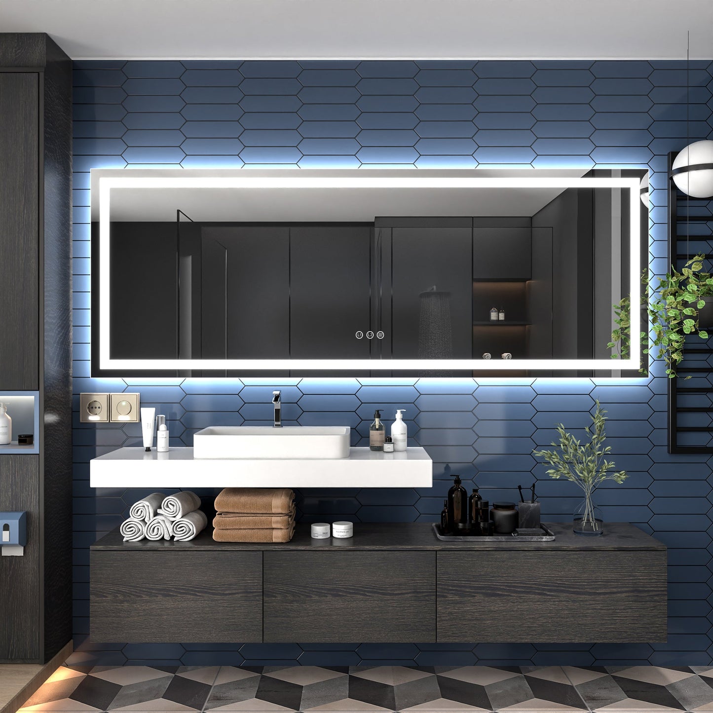 Apex-T 96" W x 36" H Lighted Bathroom Large Light Led Mirror,Anti Fog,Dimmable,Three Lighting Modes