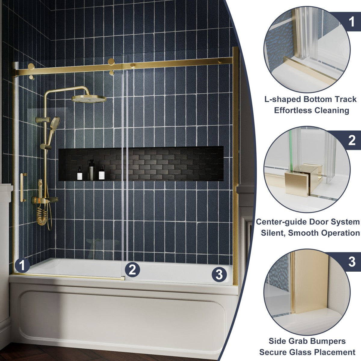 Zephyr 56-60" Semi-Frameless Single Sliding Tub Door,Brushed Gold,Bypass Bathtub Shower Tempered Glass Door with Explosion-Proof Film