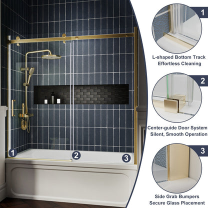 Zephyr 56-60" Semi-Frameless Single Sliding Tub Door,Brushed Gold,Bypass Bathtub Shower Tempered Glass Door with Explosion-Proof Film