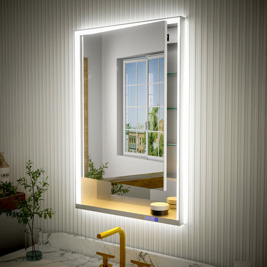 Ample 24" W x 36" H LED Lighted Chrome Medicine Cabinet with Mirror and Shelves for Bathroom Recessed or Surface Mount - ExBriteUSA