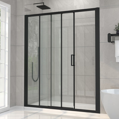 Modern shower enclosure with black frame and glass doors in a bathroom setting.