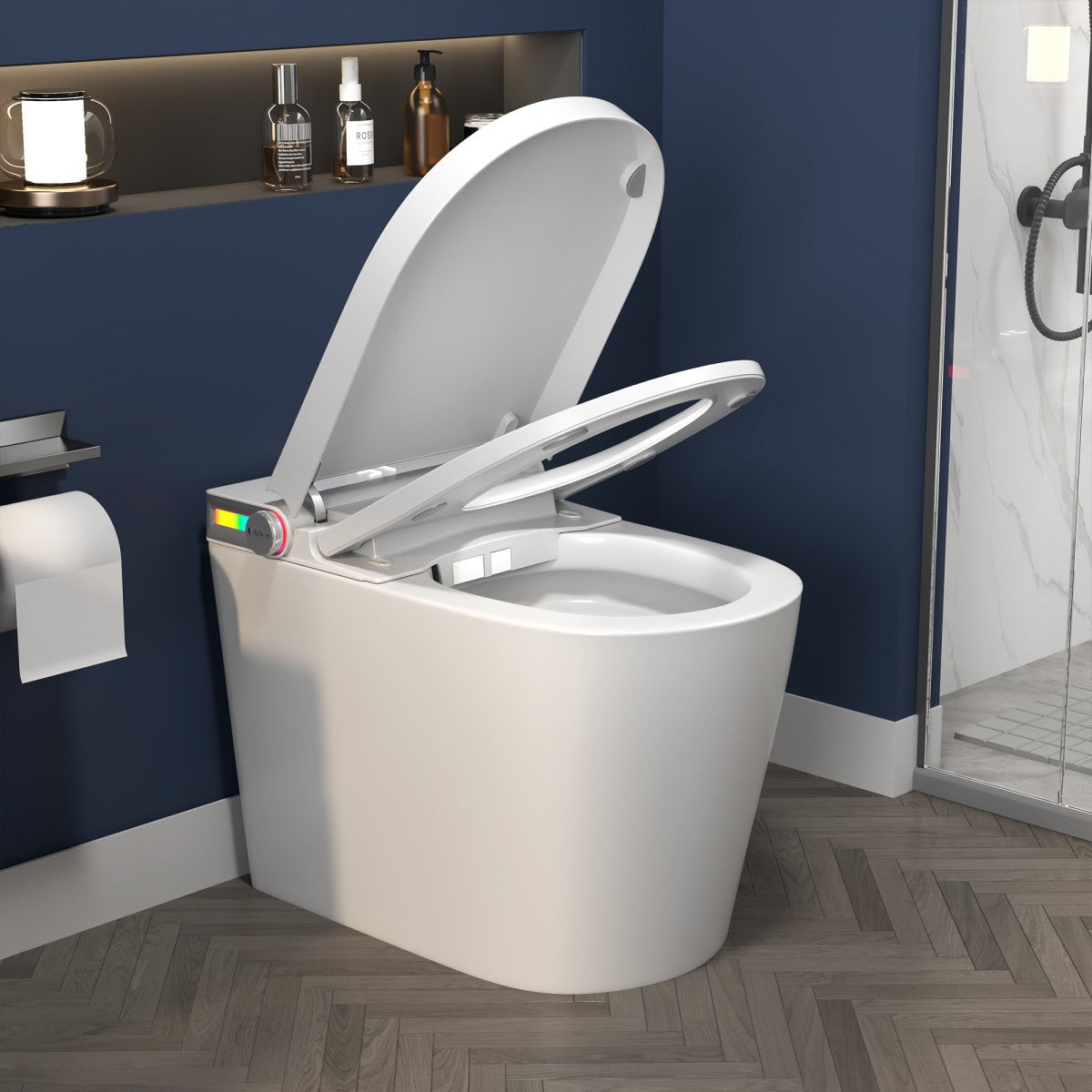 Exbrite Smart Toilet With Foot Sensing Open Cover & Seat, No Water Pressure Limitation, Night Light, Leakage Protection, Side Knob With Multiple Controls, Remote Control, Auto Flushing, White Screen - ExBriteUSA