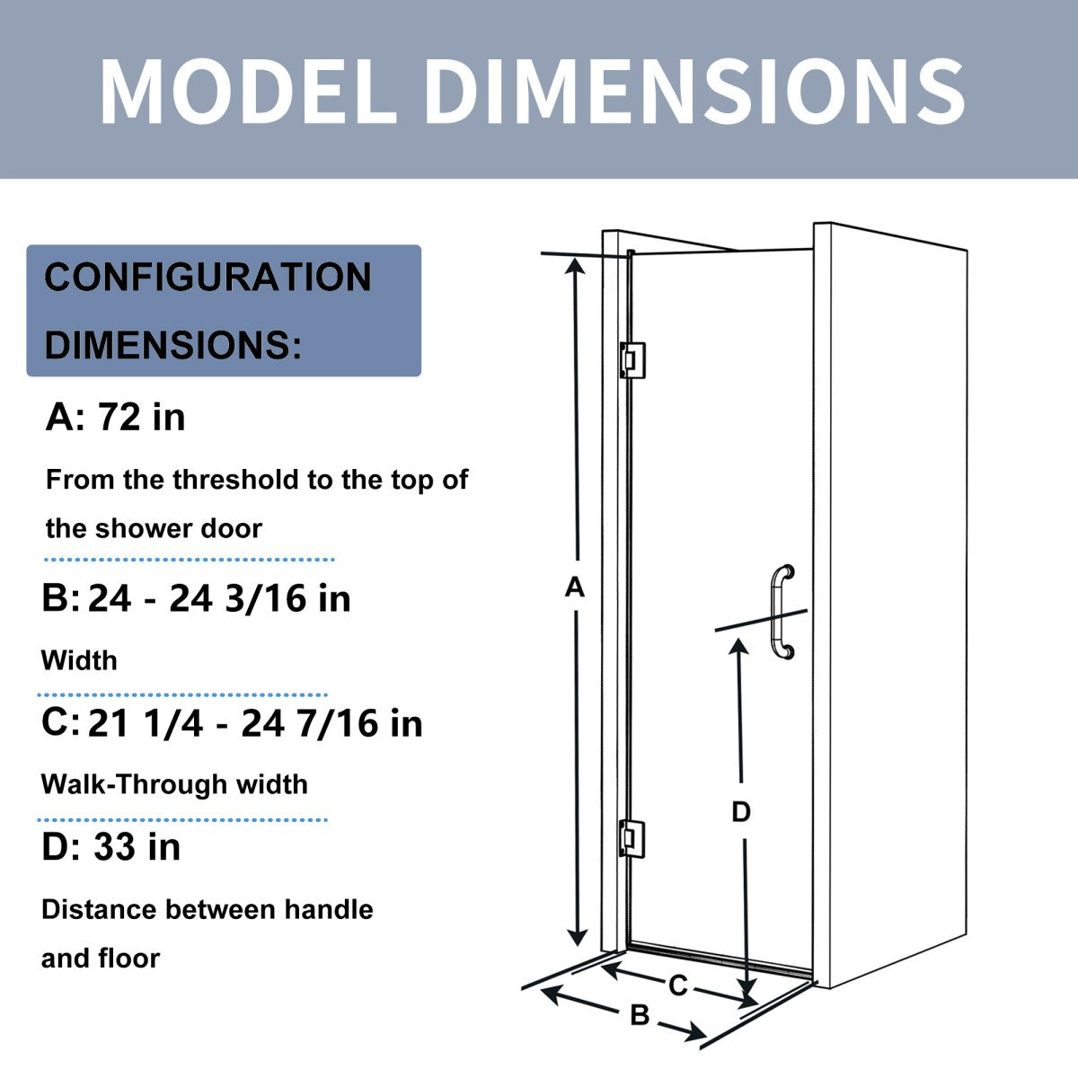 Valor Shower Door 24in.W x 72in.H Frameless Hinged Shower Door,Shower Room Glass Door with Clear Tempered Shower Glass Panel,Black