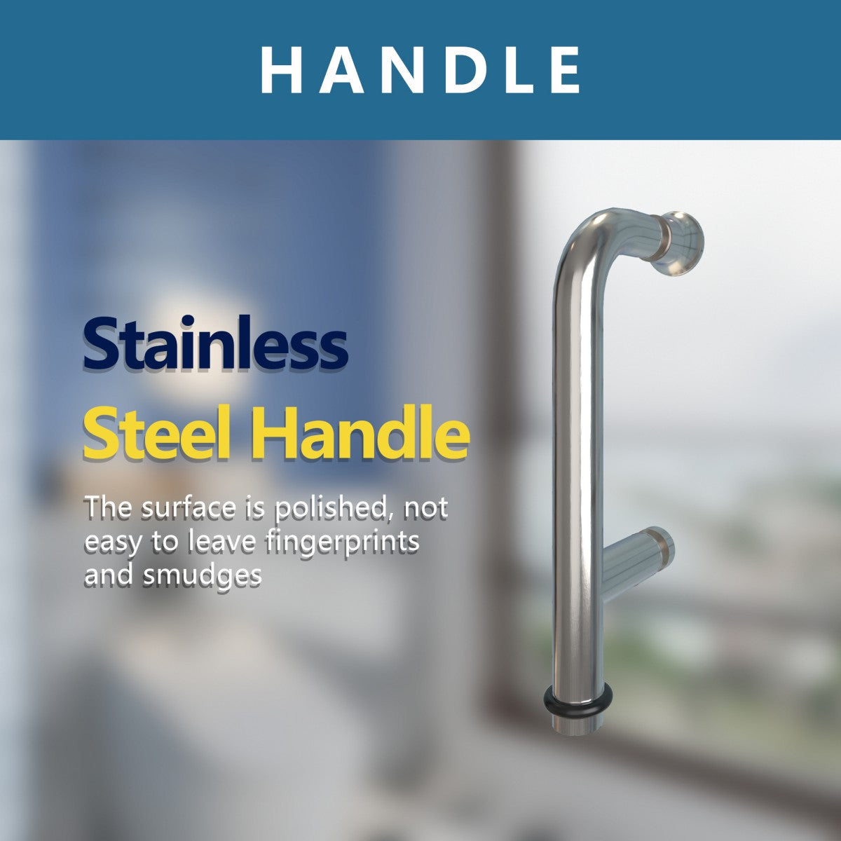 Stainless steel handle on Exbrite Adapt Bifold Shower Door, polished surface, resistant to fingerprints and smudges.