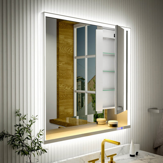 Ample 36" W x 36" H LED Lighted Chrome Medicine Cabinet with Mirror and Shelves for Bathroom Recessed or Surface Mount - ExBriteUSA