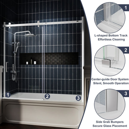Zephyr 56-60" Semi-Frameless Single Sliding Tub Door,Chrome,Bypass Bathtub Shower Tempered Glass Door with Explosion-Proof Film