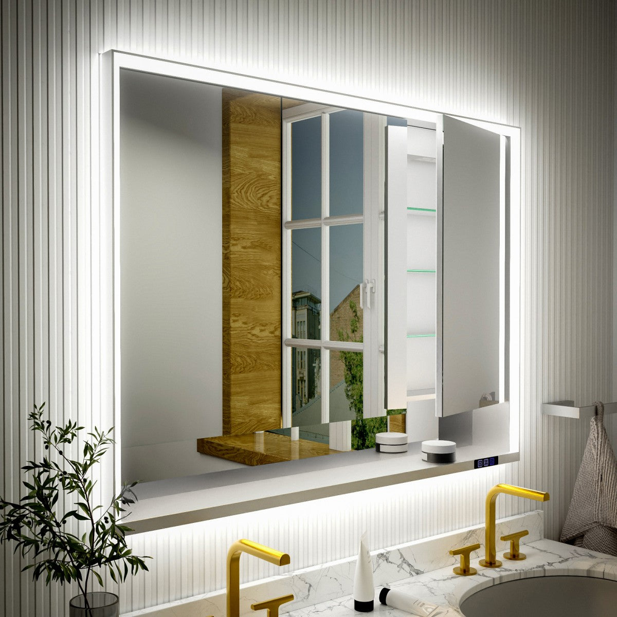 Ample 48" W x 36" H Surface Mount Medicine Cabinet with Mirror and Shelves - LED Lighted Chrome for Bathroom Recessed or Surface Mount