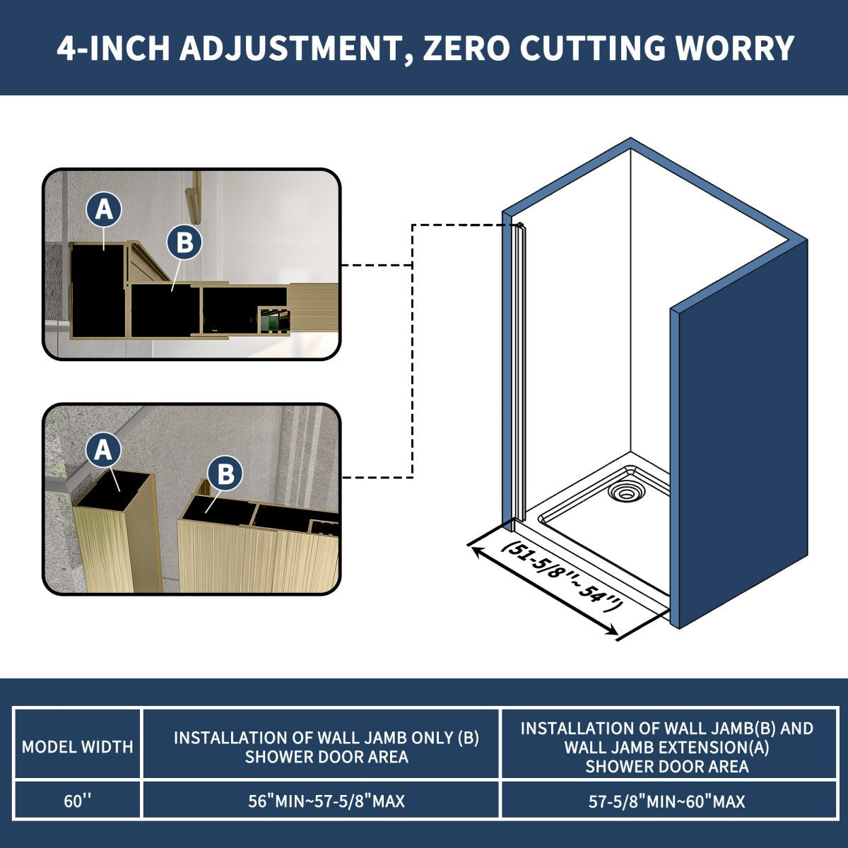 Nexus 56-60W x 70.H Easy Clean Framed Tri-Fold Sliding Shower Door with 1/4" (6mm) Clear SGCC Tempered Glass,Brushed Golde Finish