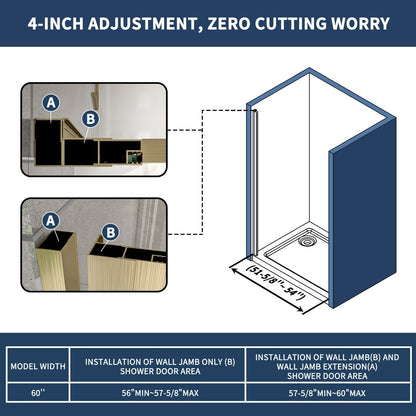 Nexus 56-60W x 70.H Easy Clean Framed Tri-Fold Sliding Shower Door with 1/4" (6mm) Clear SGCC Tempered Glass,Brushed Golde Finish