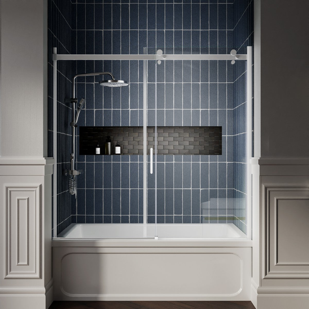 Zephyr 52-56" Semi-Frameless Single Sliding Tub Door,Chrome,Bypass Bathtub Shower Tempered Glass Door with Explosion-Proof Film