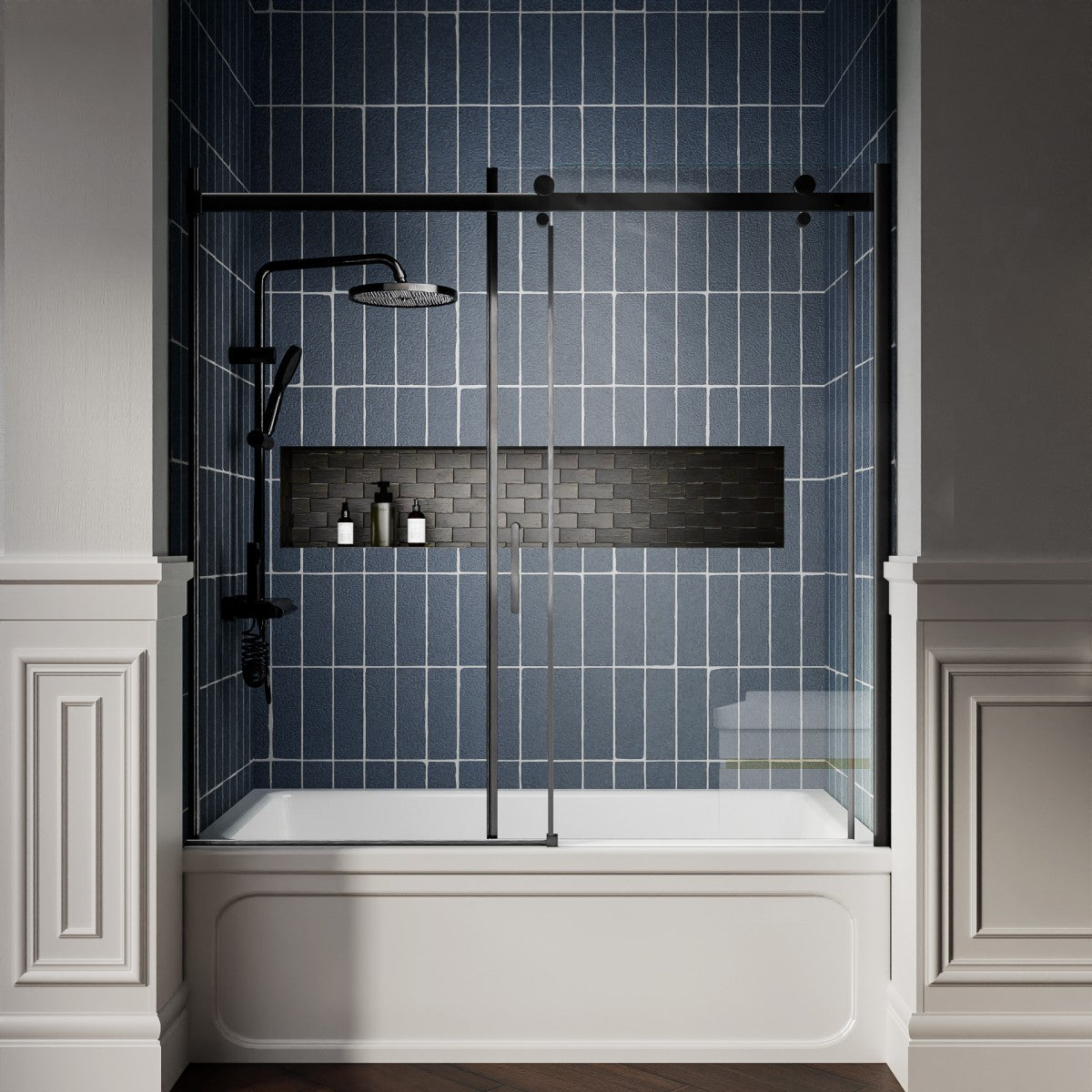 Zephyr 56-60" Semi-Frameless Single Sliding Tub Door,Matte Black,Bypass Bathtub Shower Tempered Glass Door with Explosion-Proof Film