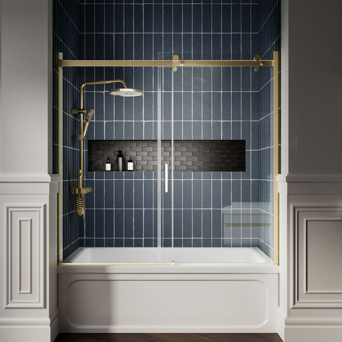 Zephyr 56-60" Semi-Frameless Single Sliding Tub Door,Brushed Gold,Bypass Bathtub Shower Tempered Glass Door with Explosion-Proof Film