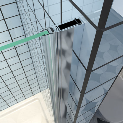 Classy 30-32" W x 72" H semi-frameless chrome pivot shower door with glass panel and handle.