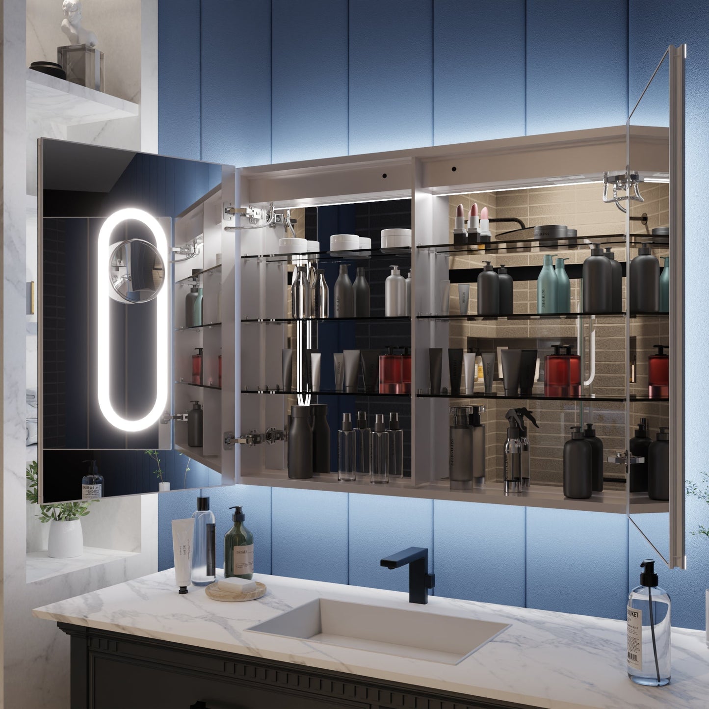 LED lighted bathroom medicine cabinet with mirror and magnifiers, featuring front and back lighting.