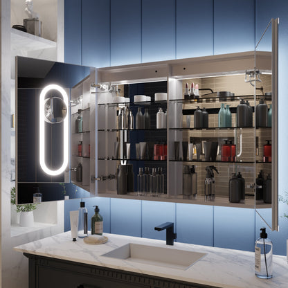 LED lighted bathroom medicine cabinet with mirror and magnifiers, featuring front and back lighting.