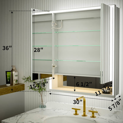 Ample 30" W x 36" H LED Lighted Chrome Medicine Cabinet with Mirror and Shelves for Bathroom Recessed or Surface Mount
