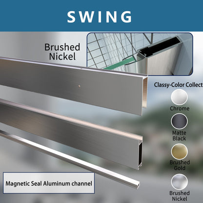 Exbrite Adapt Bifold Shower Door with brushed nickel finish and tempered glass.