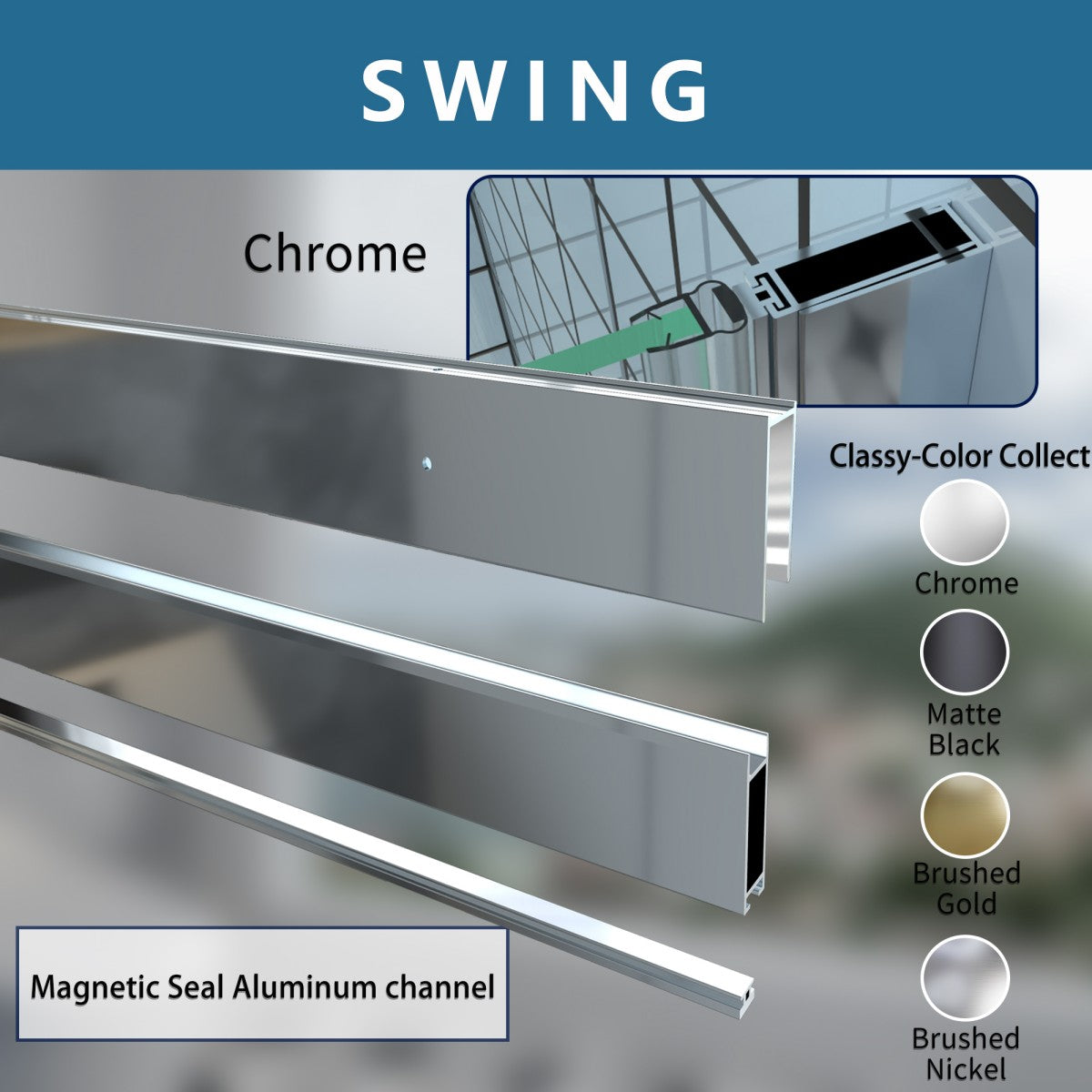 Classy 24-26" W x 72" H shower door with hinged pivot, chrome finish, and clear glass; features adjustable installation and a semi-frameless design.