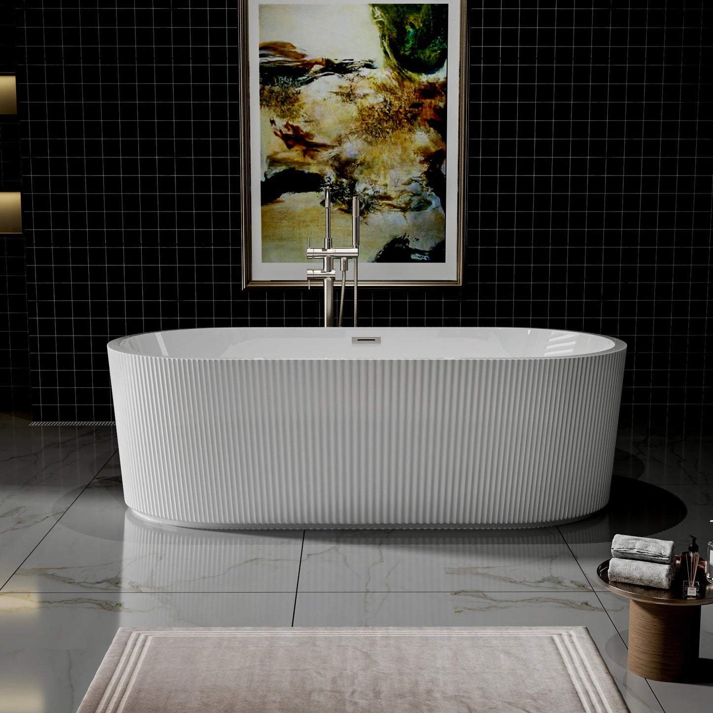 WSP-NK Exbrite 67' Acrylic Freestanding Bathtub, Unique Pleated Design, Glossy White,  Brushed Nickel  Overflow and Pop-Up Drain, cUPC Certified