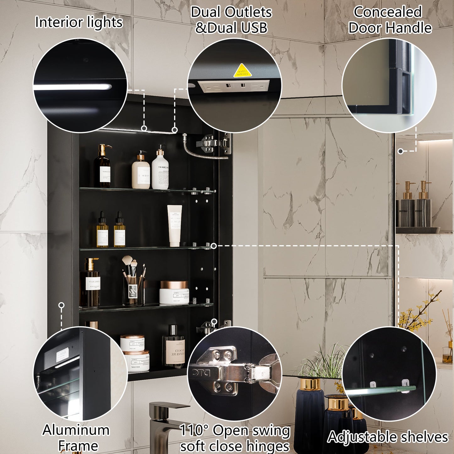 Boost-M1 20" W x 30" H Light Medicine Cabinet Recessed or Surface Mount Aluminum Adjustable Shelves Vanity Mirror Cabinet, Black Frame, Hinge on the Right - ExBriteUSA