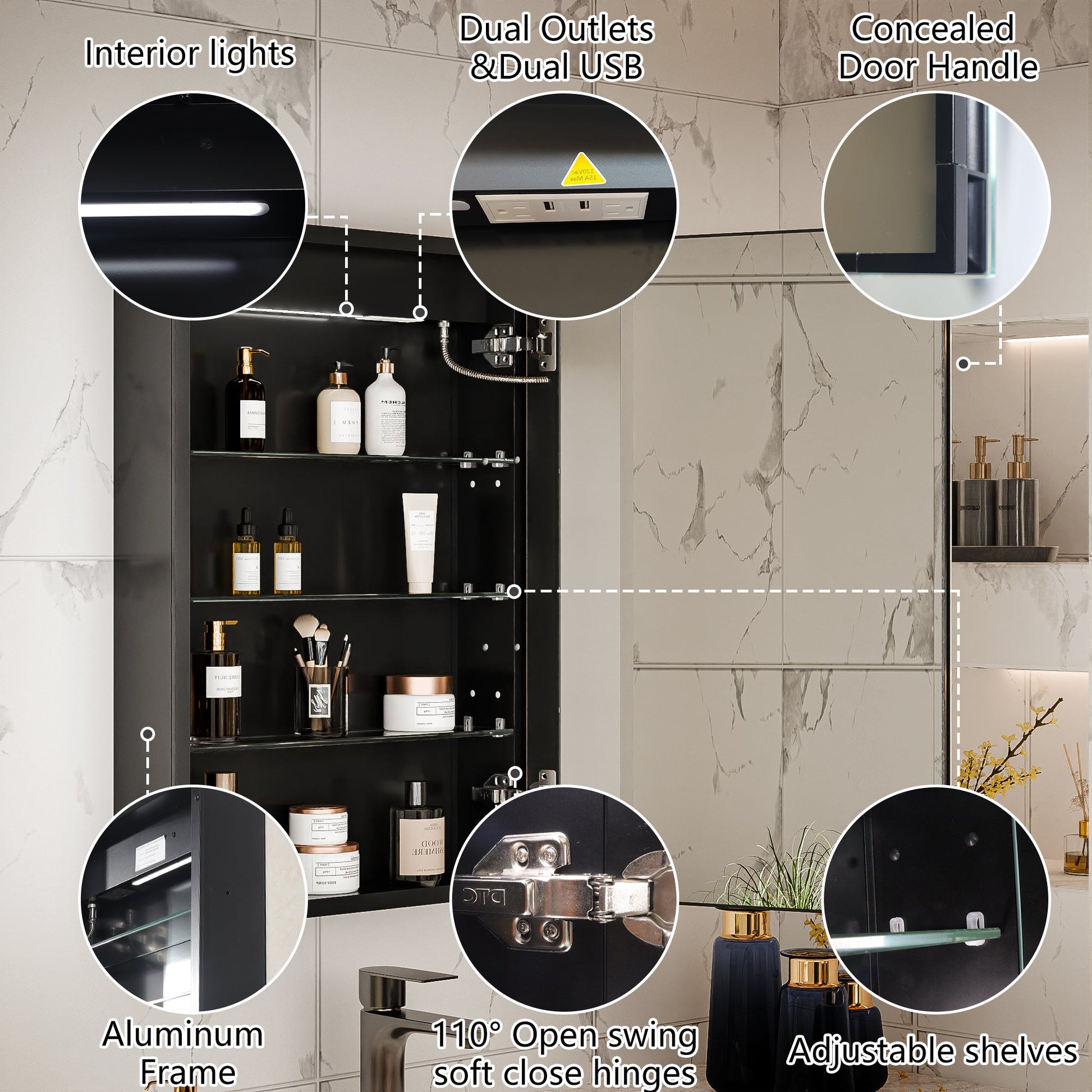 Boost-M1 20" W x 30" H Light Medicine Cabinet Recessed or Surface Mount Aluminum Adjustable Shelves Vanity Mirror Cabinet, Black Frame, Hinge on the Right - ExBriteUSA
