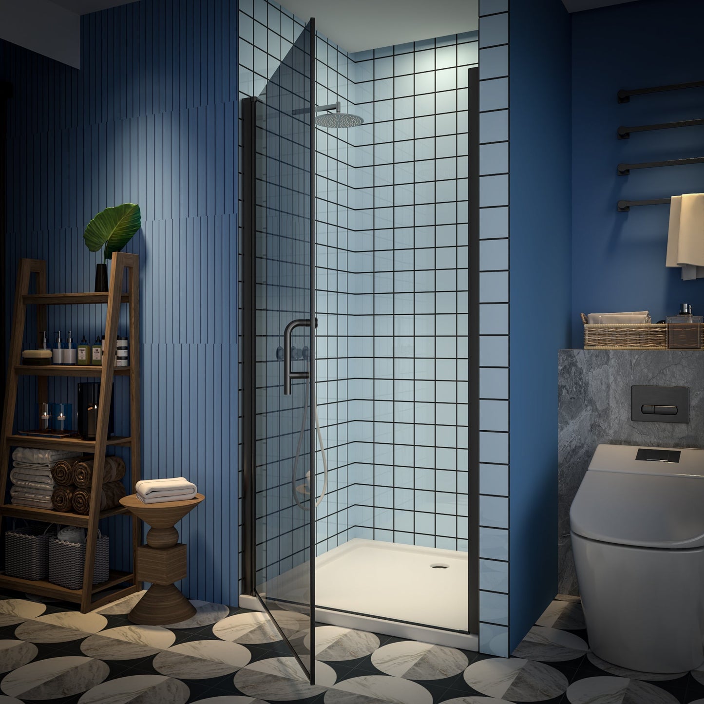 Classy-G 36-37.3" W x 72" H Pivot Frameless Shower Door Matte Black Smoke Gray Glass Shower Door with Handle