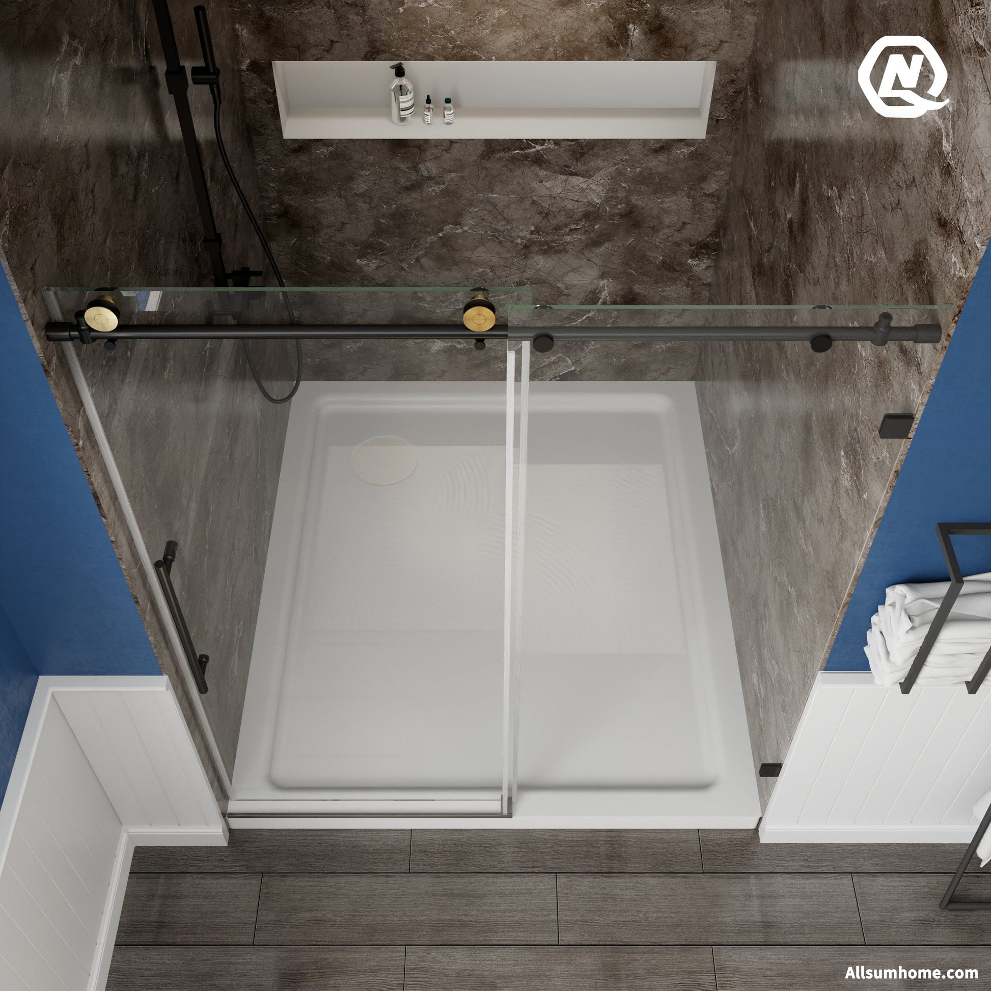 Anchor 56"-60" Width x 74" Height Frameless Sliding Shower Door,Clear Tempered Glass,Matte Black,Smooth Door Closing,Vertical Handle - ExBriteUSA